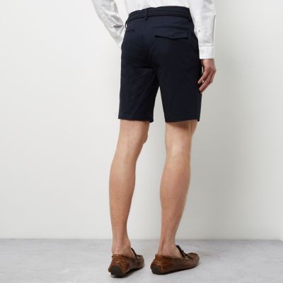 Navy belt detail slim fit shorts